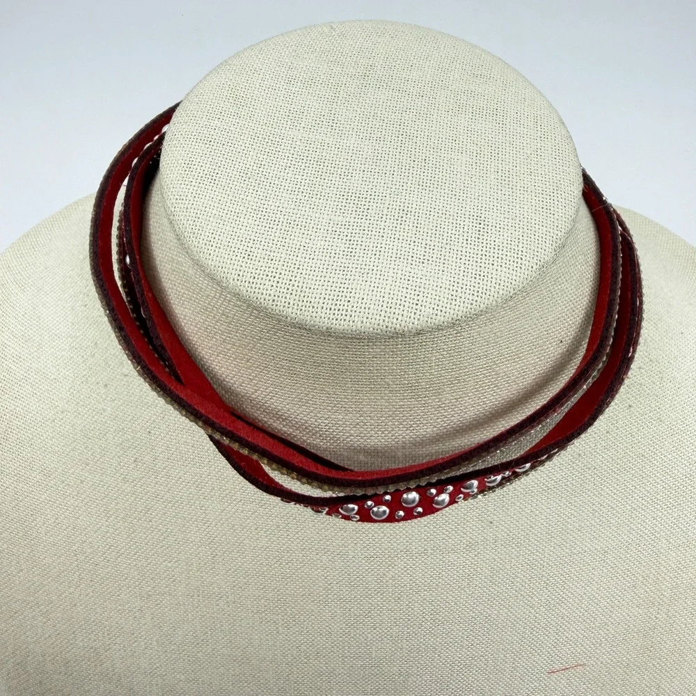 Red Faux Suede Wrap Choker Necklace Rhinestone Studded Western Statement